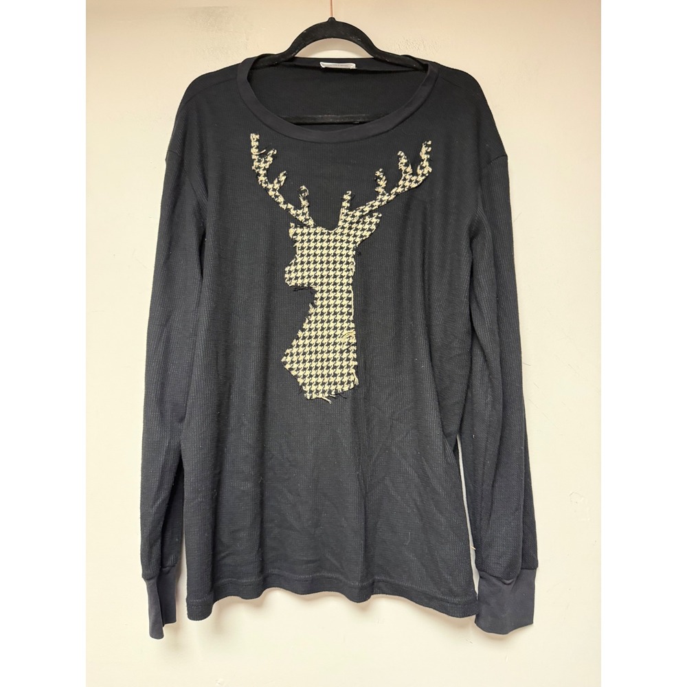 Lost Petal Linens Mens XL Black Waffle Thermal‎ Houndstooth Deer Elbow Patch Top